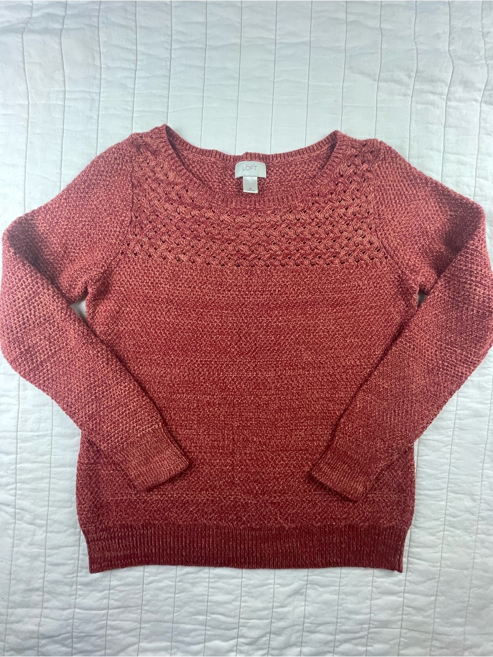 LOFT Brick Red and Terracotta Textured Yoke Crewneck Cotton Sweater Medium